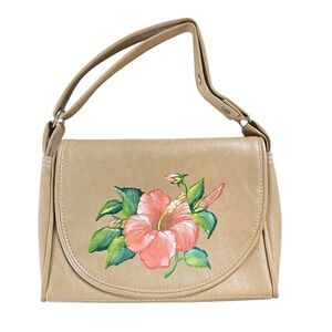 The Original Florida Keys Hand Bag Painted Hibiscus Flower Purse Tan Pink